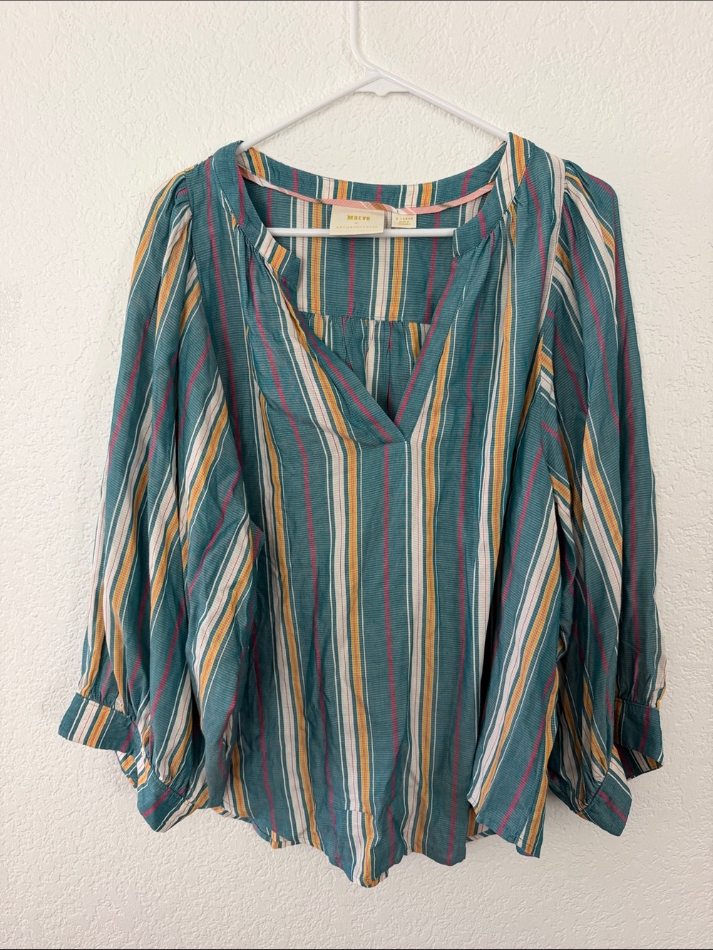 Mauve Teal Striped V-Neck Tunic with Mustard & Pink Accents